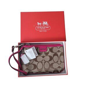 Coach Signature Khaki/Fuchsia Small Wristlet With Box & Tags